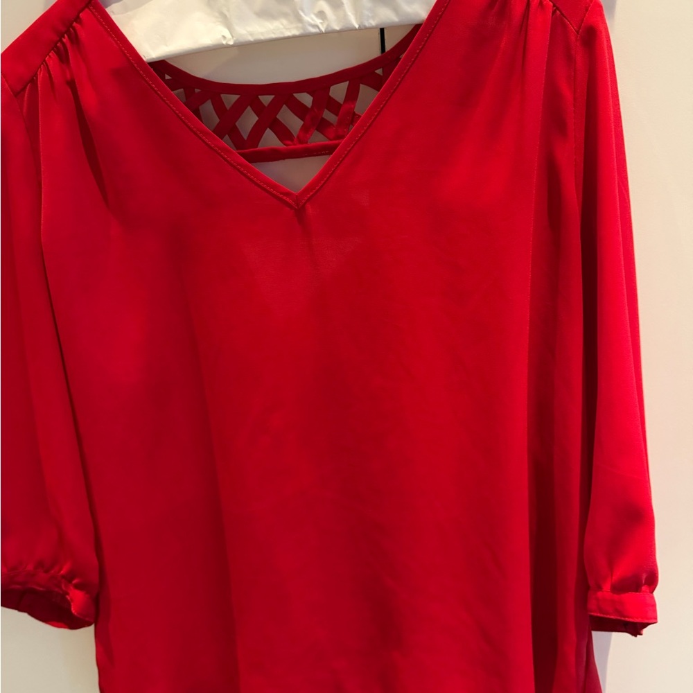 BCX Vivid Red Blouse with Lattice Detail